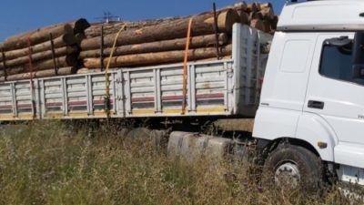 İznik’te park halindeki tırın freni boşaldı. Tomruk yüklü tır şans