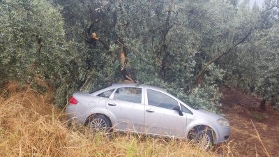 Bursa’nın Orhangazi ilçesinde yağışlı havada kontrolden çıkan otomobil zeytin tarlasına