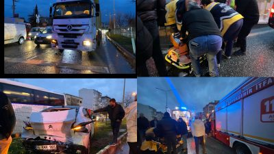 Bursa'nın Orhangazi ilçesinde meydana gelen trafik kazasında trafik lambalarında tırın
