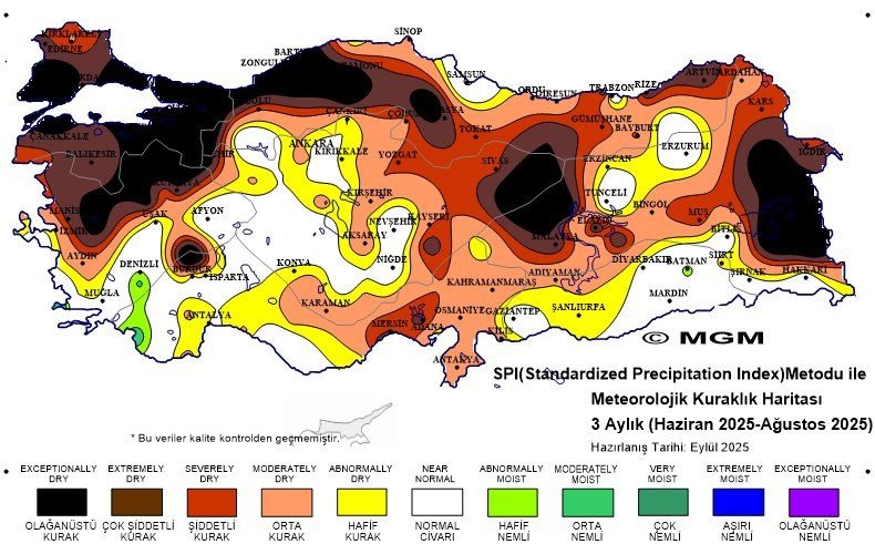 Meteoroloji Genel Müdürlüğü'nün (MGM) son 12 ayı kapsayan kuraklık haritası,
