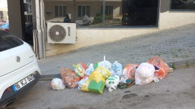 Bursa’nın Orhangazi ilçesinde bir cadde üzerinde bulunan çöp konteynerinin esnafın
